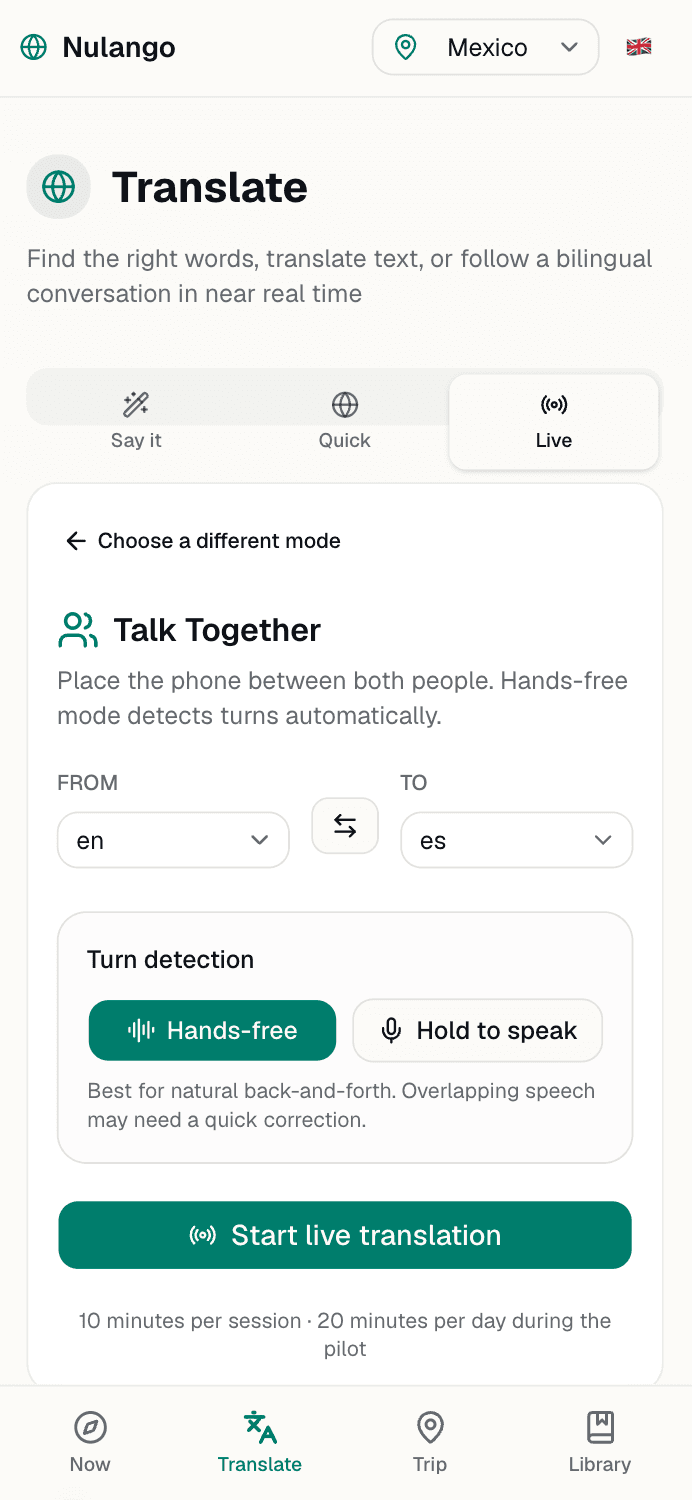 Nulango live translation setup for a hands-free bilingual conversation