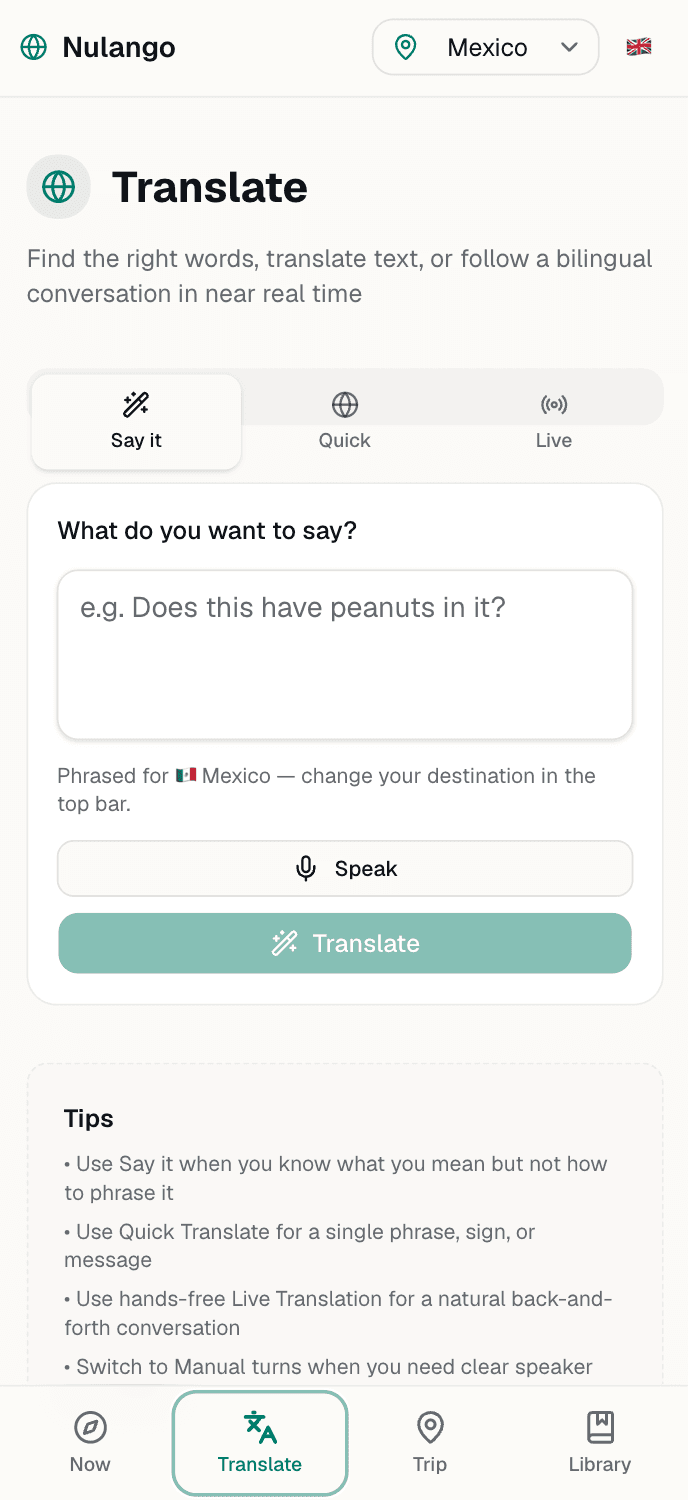 Nulango AI-assisted translation screen for phrasing a message naturally while traveling