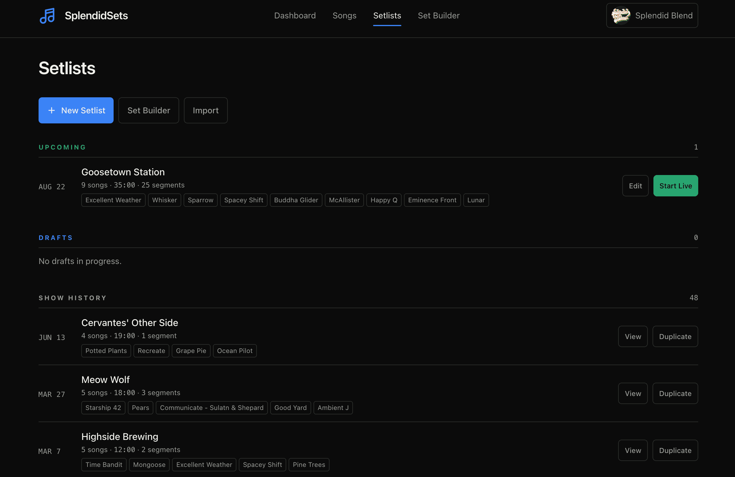 SplendidSets setlist workspace showing an upcoming show, drafts, and show history