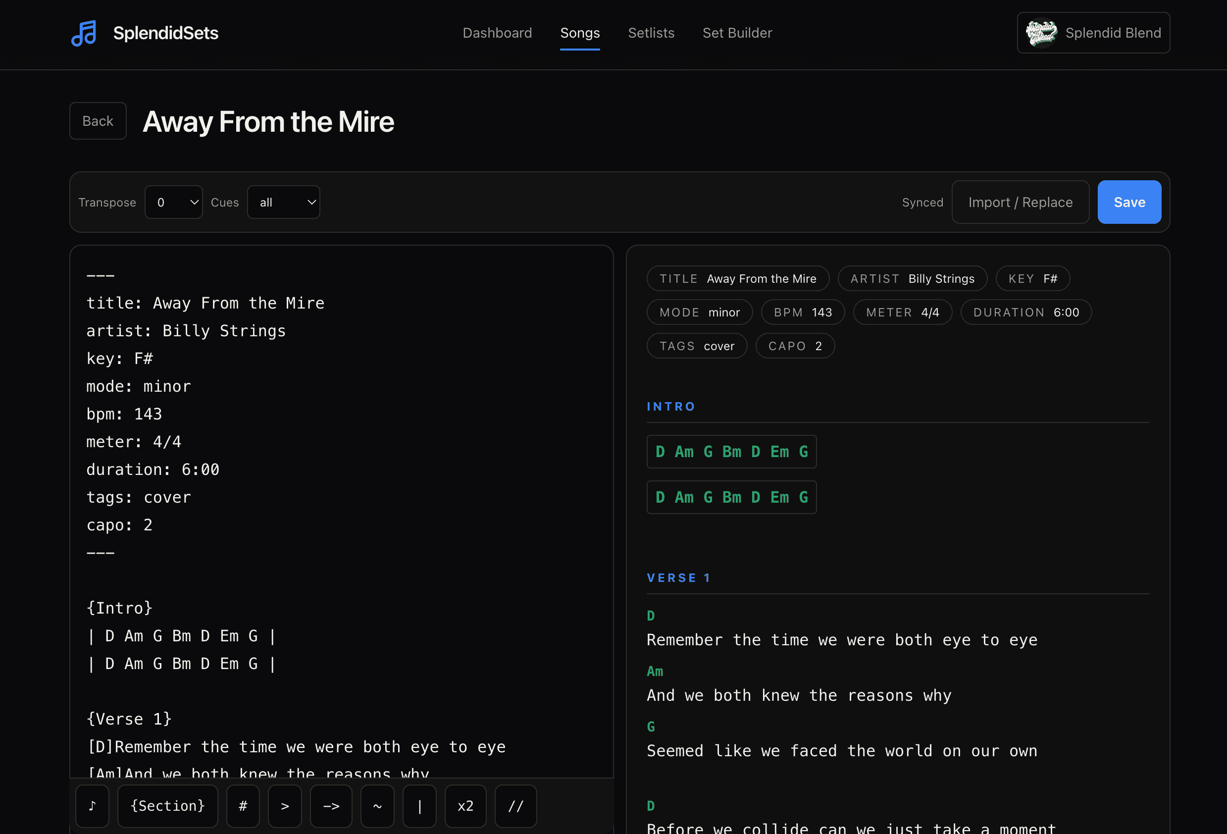 SplendidSets song chart editor with structured metadata, source text, and a rendered chord-and-lyric preview