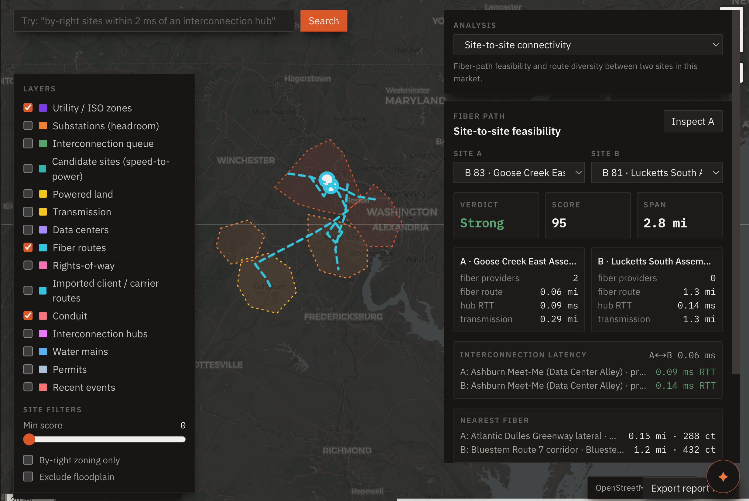 Tectonic site-to-site connectivity analysis with fiber paths, infrastructure layers, feasibility score, and latency details