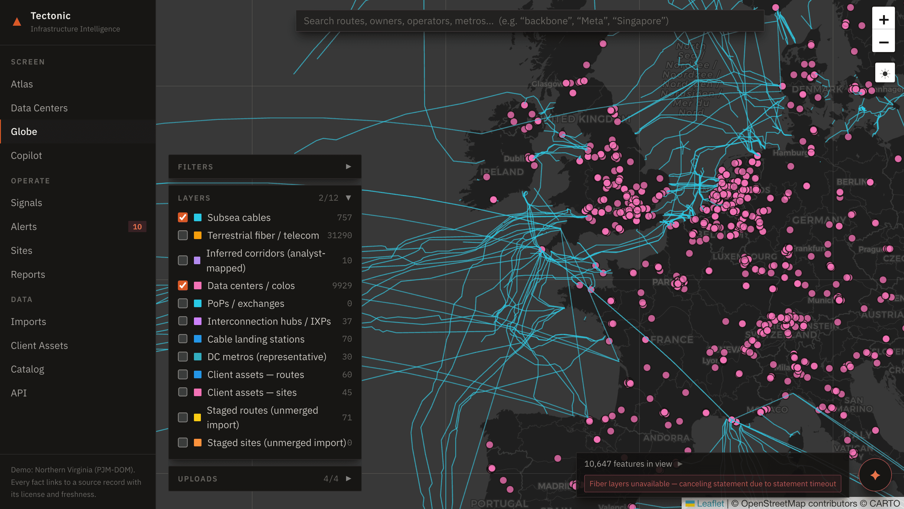 Tectonic global infrastructure atlas showing subsea cables and data center locations across Europe